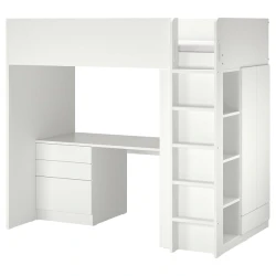SMASTAD Izdignut krevet, bela bela/s radnim stolom s 2 police, 90x200 cm