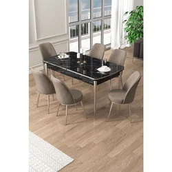 Hanah Home trpezarijski set Pale, sto na razvlačenje i 6 stolica, ploča u dekoru crnog mermera, hromirane noge, kapućino tkanina Babyface