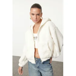 Trendyol Ecru Plush Regular/Normal Pattern Hooded Zippered Thick Knitted Sweatshirt