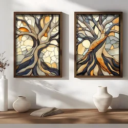 WallXpert set uramljenih MDF slika NAL191-70, stilizovano drvo u stilu vitraža u bež, plavoj i narandžastoj, 2 x 50 x 70 cm