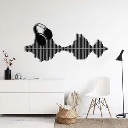 WallXpert metalni zidni ukras 5384, zvučni talas sa slušalicama, 75 x 36 cm, crni