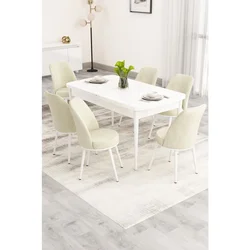 Hanah Home trpezarijski set Nix, sto na razvlačenje i 6 stolica, bela ploča, krem tkanina Babyface
