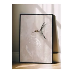 WallXpert uramljena slika 115241, kolibri i beli cvet na svetlobež teksturisanoj pozadini, 30 x 40 cm, crni ram