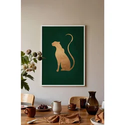 WallXpert uramljena slika 115222, zlatna silueta pantera na tamnozelenoj pozadini, 30 x 40 cm, beli ram