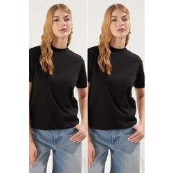 Trendyol Black-Black 2-Pack 100% Cotton Basic Stand Collar Knitted T-Shirt