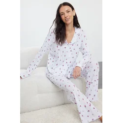 Trendyol White 100% Cotton Floral Openwork/Hole Ribbed Knitted Pajama Set