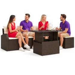 Vidaxl Vrtna sedežna garnitura z blazino 5 szt. Rjava Poly ratan