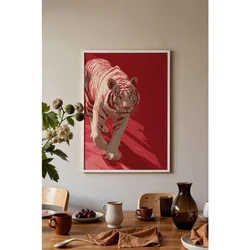 WallXpert uramljena slika 115262, beli tigar na crvenoj pozadini, 50 x 70 cm, beli ram