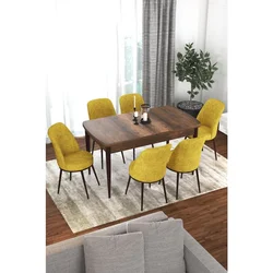 Hanah Home trpezarijski set Via, sto na razvlačenje i 6 stolica, ploča u dekoru drveta Baroque, senf žuta tkanina Jerry