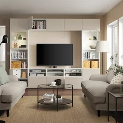 BESTA TV komb. za odlaganje/stakl.vrata, bela Sindvik/Lappviken svetlosiva/bež, 300x42x231 cm