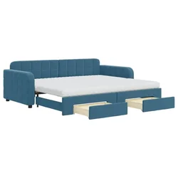 Vidaxl Izvlečna dnevna postelja s predali modra 90x200 cm žamet
