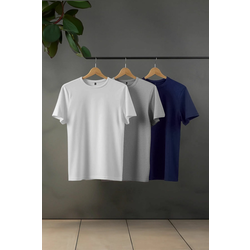 Trendyol Navy Blue-Grey-Ecru 3-Pack Black Slim/Slim Cut Basic 100% Cotton T-Shirt