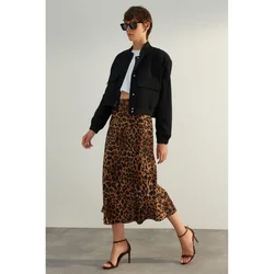 Trendyol Brown Premium High Quality Animal Print Satin Midi Skirt