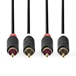NEDIS GOLD AUX Kabel | 2x RCA m – 2x RCA m | 2.0 m | Pozlaćeni konektori | Crni