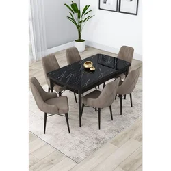 Hanah Home trpezarijski set Lia, sto na razvlačenje i 6 stolica, ploča u dekoru crnog mermera, kapućino tkanina Babyface
