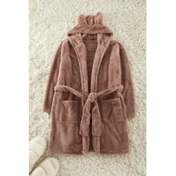 Trendyol Brown Belted Hood, Ear and Pocket Detailed Wellsoft Winter Knitted Dressing Gown