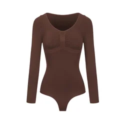 cfab Oblikovanje postave Bodysuit Sculpting Shapewear Longsleeve mit String rjava