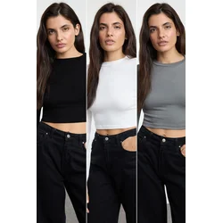 Trendyol Black-White-Anthracite 3-Pack Crop Fitted/Body-Sit Knitted Blouse