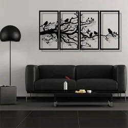 WallXpert metalni zidni ukras 5438, grana sa pticama u 4 panela, 100 x 50 cm, crni