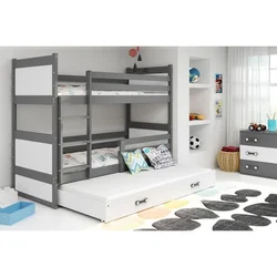 Drveni dečiji krevet na sprat Rico sa tri kreveta - sivo - beli - 200x90 cm