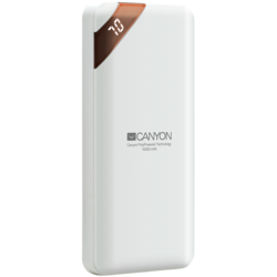 CANYON PB-102 Power bank 10000mAh Li-poly battery, Input 5V/2A, Output 5V/2.1A(Max), with Smart IC and power display, White, USB cable length 0.25m, 137*67*13mm, 0.230Kg - CNE-CPBP10W
