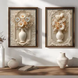 WallXpert set uramljenih MDF slika NAL197-70, vaze sa cvećem u bež tonovima i baroknim ornamentima, 2 x 50 x 70 cm