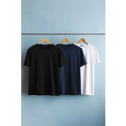 Trendyol Navy Blue-Black-White Basic Slim 100% Cotton 3-Pack T-Shirt