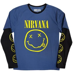 Nirvana Yellow Happy Face (Sleeve Print) Denim Blue & Black XL Majica