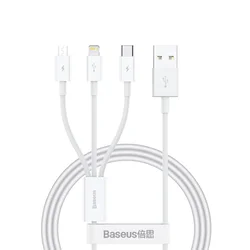 BASEUS 3-v-1 kabel Superior Series USB-A – USB-C/iPhone Lightning/micro USB 3,5 A, 0,5 m – bel