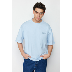 Trendyol Light Blue Oversize 100% Cotton Crew Neck Minimal Text Printed T-Shirt