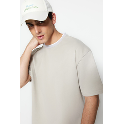 Trendyol Limited Edition Stone Relaxed/Comfortable Cut Knitwear Banded Textured Pique T-Shirt