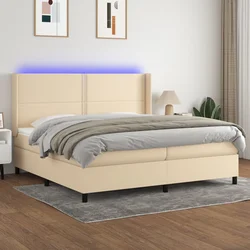 vidaXL Box spring postelja z vzmetnico LED krem 200x200 cm blago