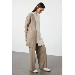 Trendyol Mink Color Block Sweater-Pants Knitwear Top-Top Set