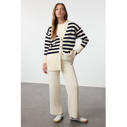 Trendyol Stone Button Detailed Jacquard Striped Cardigan Trousers Knitwear Bottom-Top Set