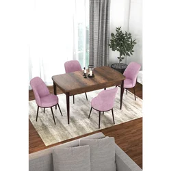 Hanah Home trpezarijski set Via, sto na razvlačenje i 4 stolice, ploča u dekoru drveta Baroque, roze tkanina Jerry