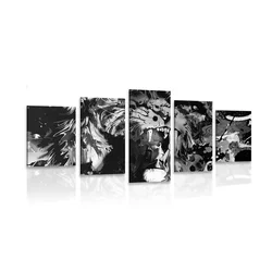 5-delna slika levja glava v črnobeli varianti - 200x100
