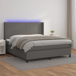 Krevet box spring s madracem LED sivi 180x200cm od umjetne kože