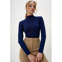 Trend Alaçati Stili Womens Navy Blue Half Turtleneck Two Thread Blouse