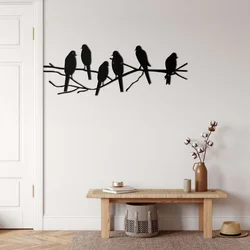 WallXpert metalni zidni ukras 5022, šest ptica na grani, 60 x 22 cm, crni