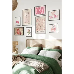 WallXpert set od 8 uramljenih slika Çgs-016, roze motivi – balerina, Matisse cvetni plakat, leptiri, flamingosi i natpis Okay, crni ram