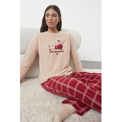 Trendyol Salmon Plaid Christmas Themed Polar Fleece Knitted Pajamas Set