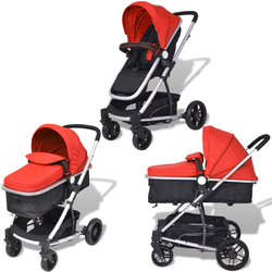 VIDAXL 2v1 otroški voziček, aluminij rdeč-črn