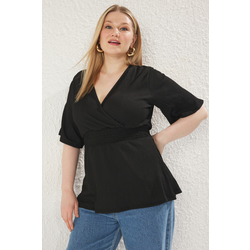 Trendyol Curve Black Double Breasted Collar Gipe Detailed Knitted Plus Size Blouse