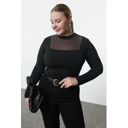 Trendyol Curve Black Fitted Tulle Detailed Long Sleeve High Collar Flexible Snap Fastener Knitted Body