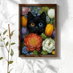 WallXpert uramljena MDF slika NAL129-70, crna mačka među šarenim cvećem, 50 x 70 cm