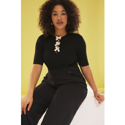 Trendyol Curve Black Bow/Ribbon Detailed Ribbed Knit Blouse