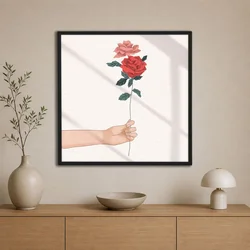 WallXpert uramljena slika na platnu Cc-K-Sy-1031, ruka drži crvenu i roze ružu na svetloj pozadini, 80 x 80 cm