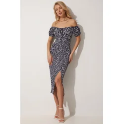 Happiness Istanbul Womens Dark Navy Blue Carmen Collar Slit Summer Knitted Dress