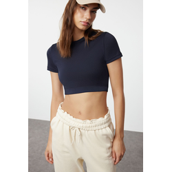 Trendyol Dark Navy Blue Crop Lightly Supported Soft Textured Crew Neck Knitted Sports Top/Blouse