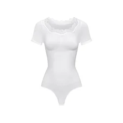 cfab Oblikovanje postave Lace T-Shirt Bodysuit Sculpting Shapewear with String bela